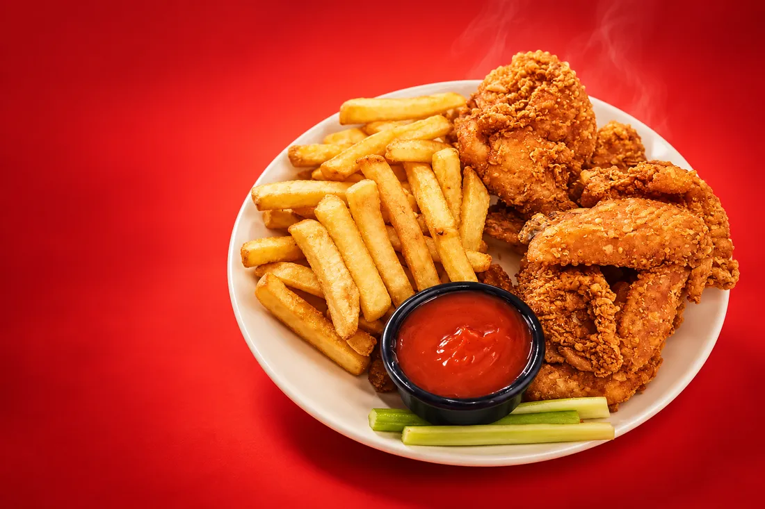 Plato de pollo frito crujiente con papas fritas y salsa.